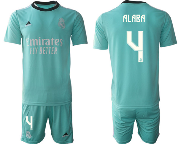 Men's Real Madrid #4 David Alaba 2021/22 Teal Away Soccer Jersey with Shorts